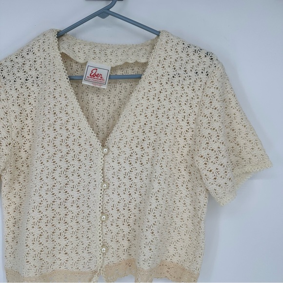 Eber San Francisco Cream Knit Crochet Short Sleeve Button Up Top Medium - Picture 3 of 6